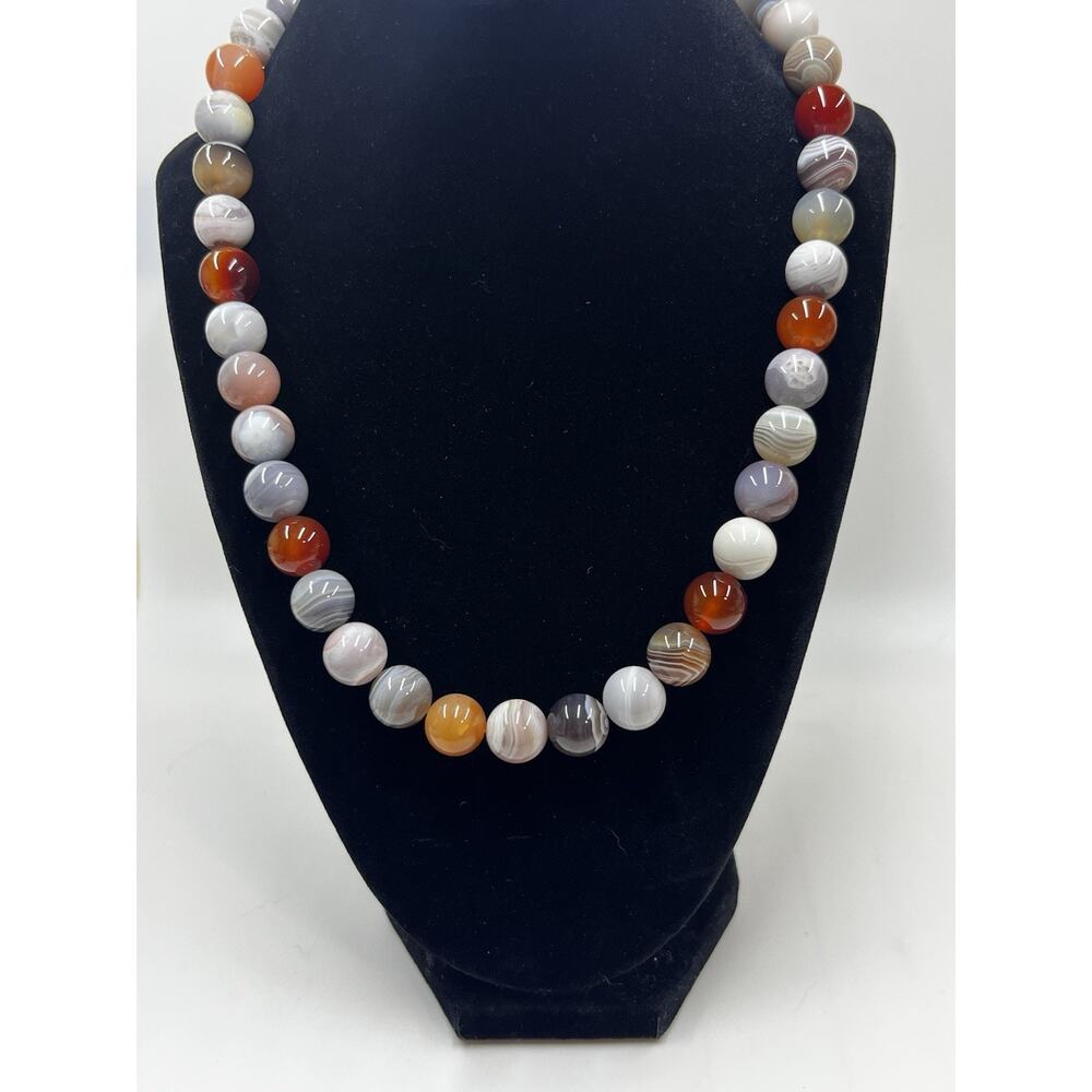 Vintage Agate and Carnelian Beaded Necklace Sterling Silver Clasp 20" 11 mm